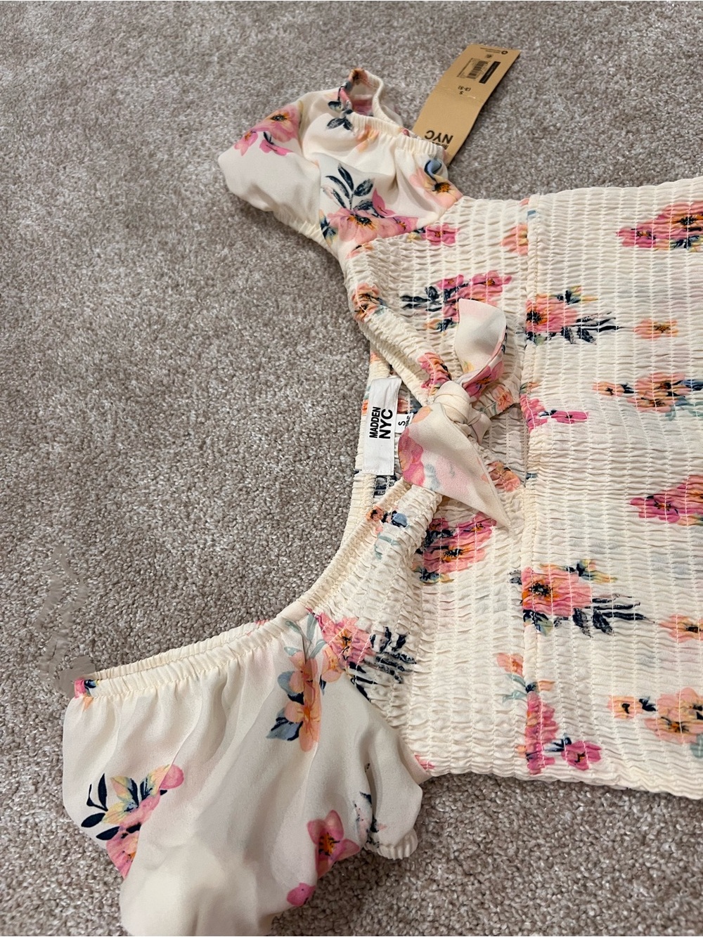 NYC Girls Cream Floral Smocked Mini Dress with Pink Blooms - Picture 3 of 6